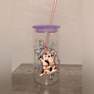 Hand Crafted Christmas Cat Glass Tumbler